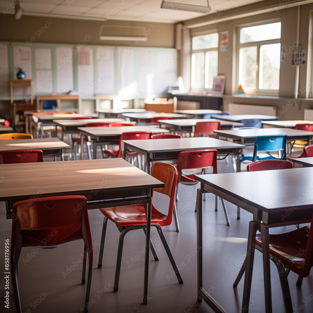 Classroom with desks and chairs in a primary school. Education concept. Classroom with desks and chairs in a primary school. Education concept.