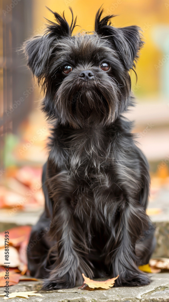 A black stray dog with a black coat and a black head is sitting on a ledge A black stray dog with a black coat and a black head is sitting on a ledge