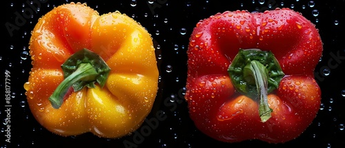 A bold red capsicum and its halved counterpart stand out against a dark, textured surface, highlighting their crispness and rich color for a dramatic effect.