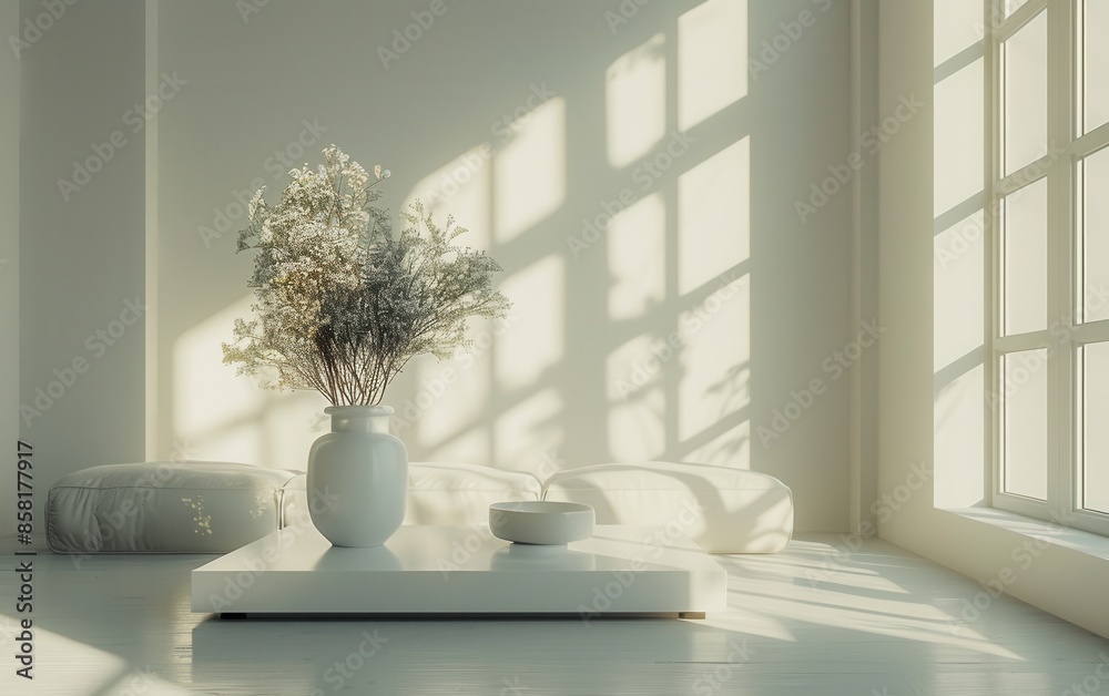 Minimalist White Room Interior With Dried Flowers and Sunlight Minimalist White Room Interior With Dried Flowers and Sunlight
