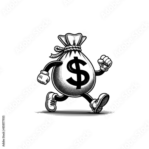 cartoon mascot dollar money bag walking hand drawn art style vector illustration