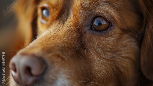 Detail closeup eye of dog, pet and animal with furry, portrait of puppy adorable, no people. © Sitti