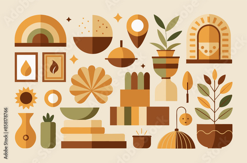 Illustration of various objects and plants designed in a flat style. A collection of objects and plants depicted in a simple, twodimensional style