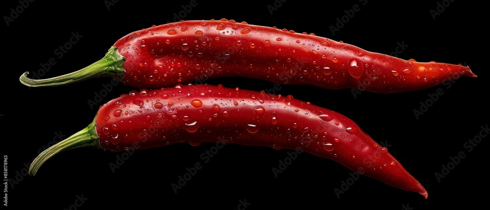 Vibrant red chilies against a black background, highlighting their fiery color and spicy nature, ideal for adding a bold touch to culinary visuals. Vibrant red chilies against a black background, highlighting their fiery color and spicy nature, ideal for adding a bold touch to culinary visuals.
