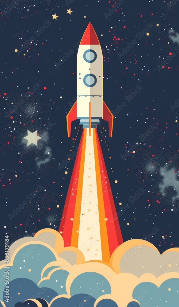 Fototapeta premium Cartoon rocket launching into the star-filled sky with colorful flames and clouds