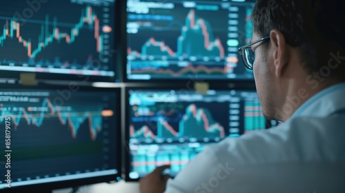 a financial trader analyzing stock market data on multiple screens.