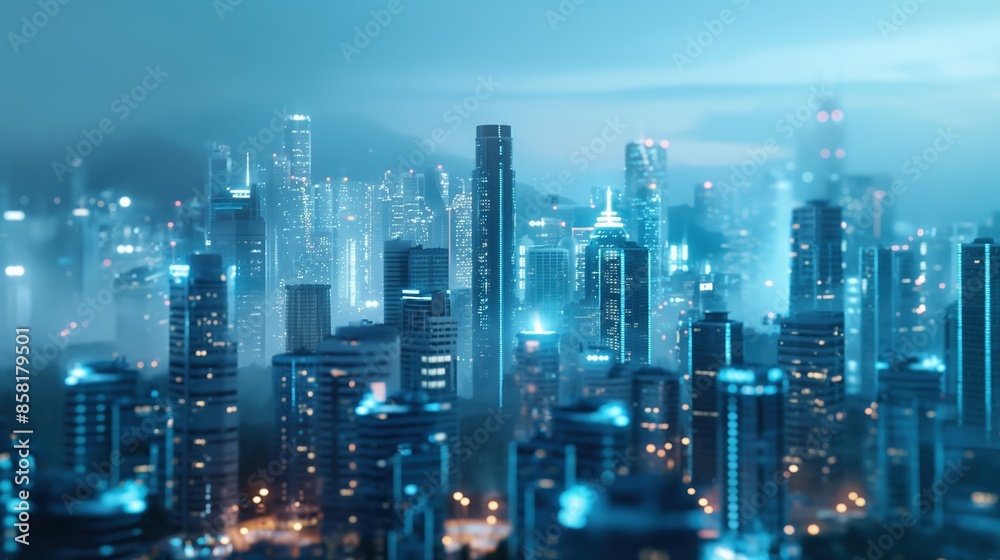 a cityscape transitioning from day to night with connected smart city elements highlighted. a cityscape transitioning from day to night with connected smart city elements highlighted.