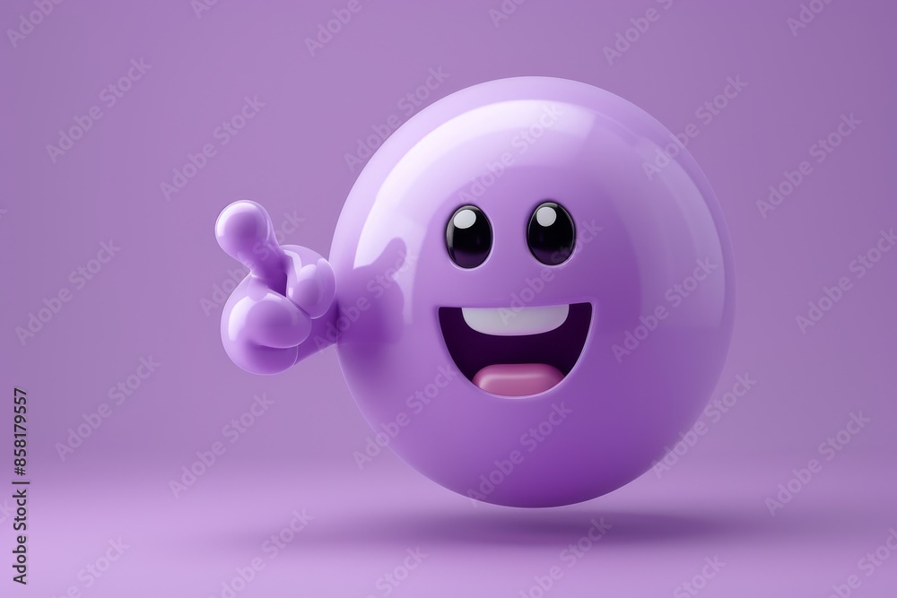 Fototapeta premium 3D illustration of a happy purple emoji with white gloves pointing forward
