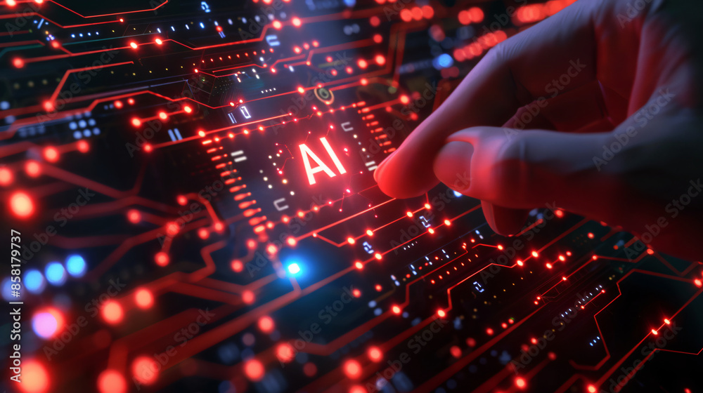 Fingers touching an AI icon on a digital screen, with a circuit board background displaying the text
Fingers touching an AI icon on a digital screen, with a circuit board background displaying the text