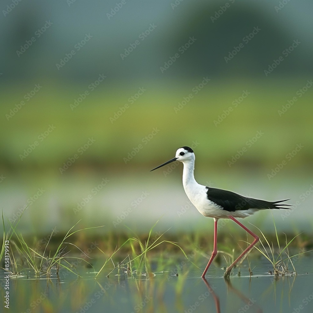 Fototapeta premium AI generator image of black-winged stilt,himantopus sensu lato(Recurvirostridae) bird walk on paddy filed.It is a wading bird commonly found in hot to warm climates.