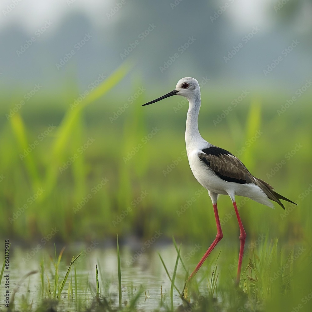 Obraz premium AI generator image of black-winged stilt,himantopus sensu lato(Recurvirostridae) bird walk on paddy filed.It is a wading bird commonly found in hot to warm climates.