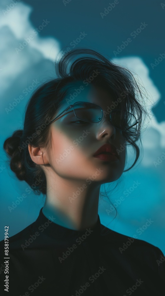 Serene woman with glasses and loose hair against a cloudy evening sky Serene woman with glasses and loose hair against a cloudy evening sky