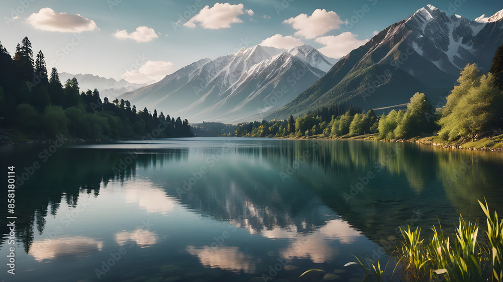 a landscape with a serene lake and distant mountains. a landscape with a serene lake and distant mountains.