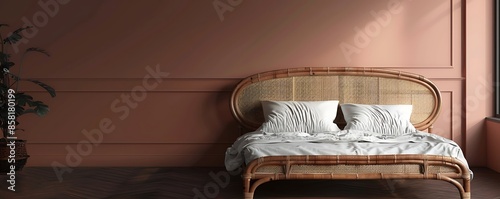 Dark bedroom interior mockup, wooden rattan bed on empty dark blush wall background, Scandinavian style, 3d render