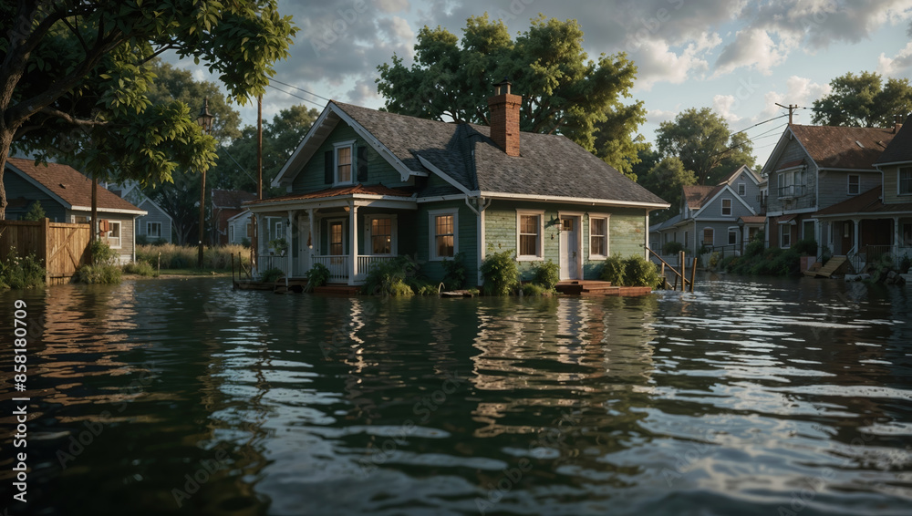 Houses submerged in water during natural disaster flood Houses submerged in water during natural disaster flood