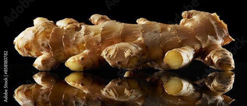 Ginger root placed against a black background, highlighting its rich texture and warm tones, ideal for showcasing its natural, aromatic qualities. photo