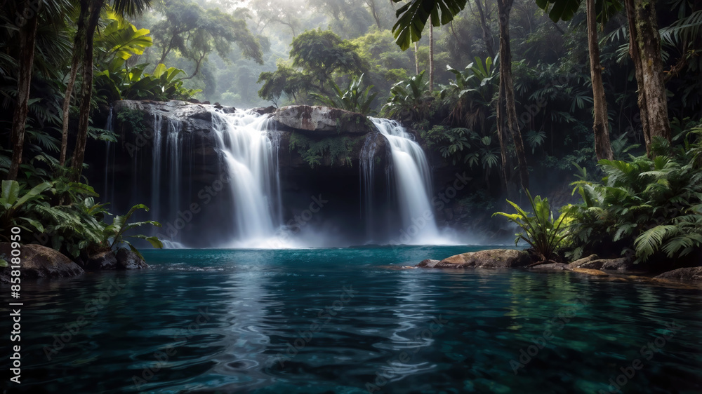 Serene landscape featuring a waterfall cascading into a lagoon surrounded by lush green rainforest vegetation Serene landscape featuring a waterfall cascading into a lagoon surrounded by lush green rainforest vegetation