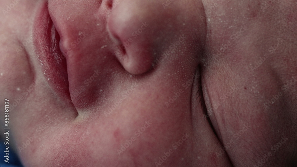 Fototapeta premium Peaceful Slumber of Newborn - Macro Detail of Baby's Mouth and Face After Birth
