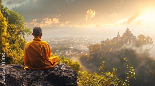 Monk Contemplating a Mountaintop Temple