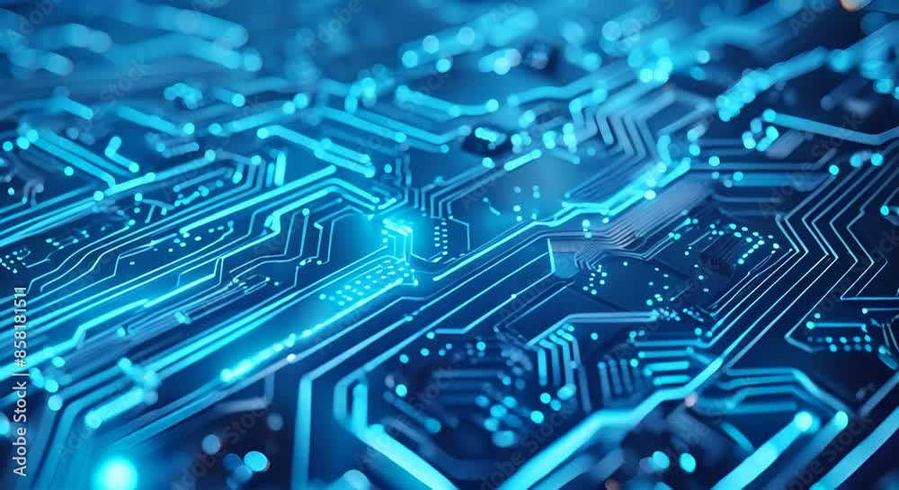Close-up view of a glowing blue circuit board, representing advanced technology and futuristic electronic innovation.
