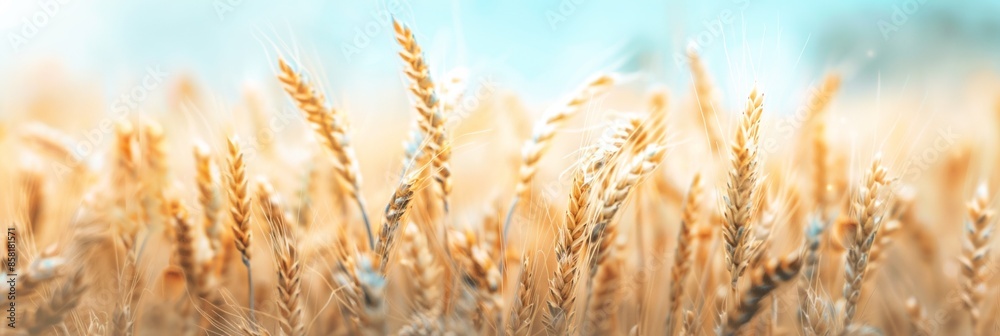Fototapeta premium Abstract background of golden wheat ear in field with blue sky
