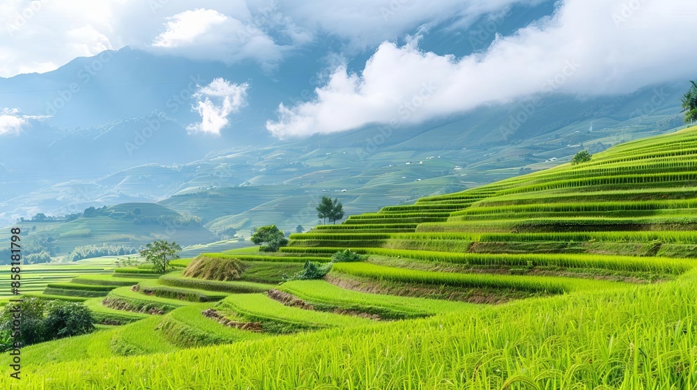 Asian highland terraces with rain clouds rolling in, Rainy Season, Stunning agricultural vista Asian highland terraces with rain clouds rolling in, Rainy Season, Stunning agricultural vista