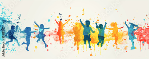 Colorful illustration of dancing happy children. Background concept.