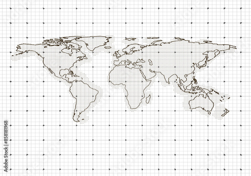 Fototapeta Naklejka Na Ścianę i Meble -  A dot grid world map with a transparent grid background, representing a global concept, clean design. 3D Rendering