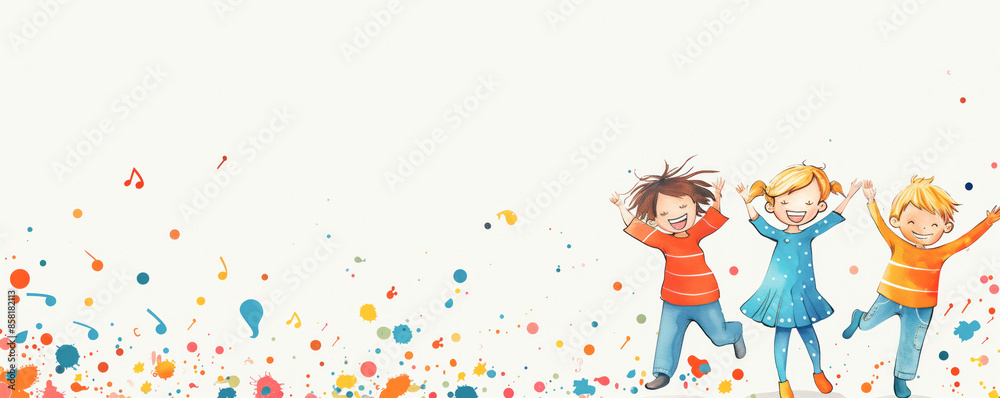 Colorful illustration of dancing happy children and notes flying around them. Colorful illustration of dancing happy children and notes flying around them.