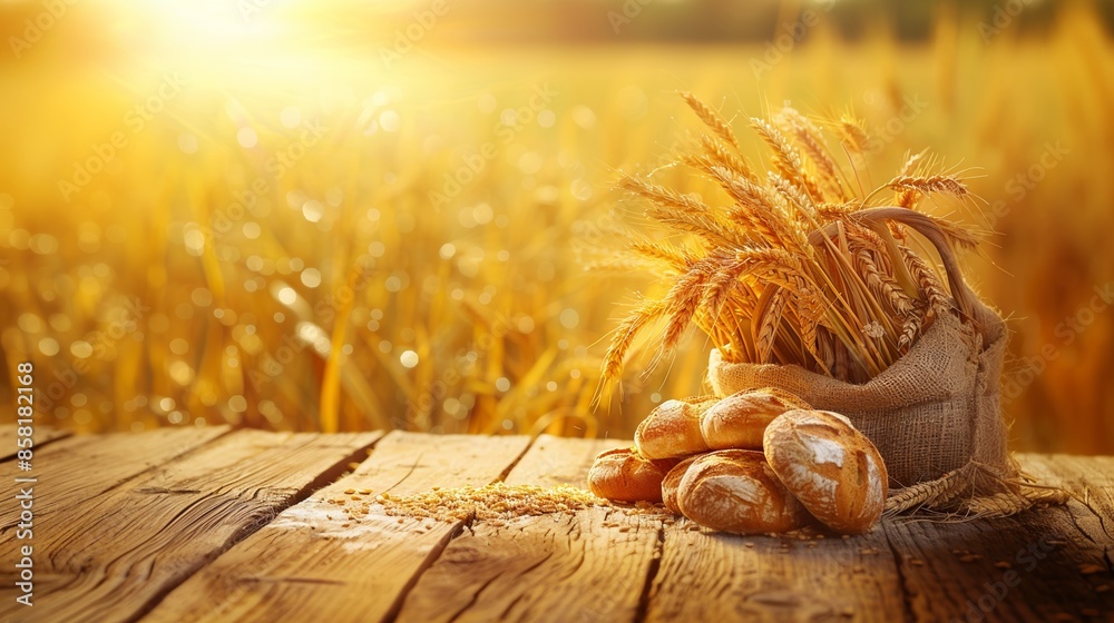 Obraz premium A sack of wheat grains and wheat ear on wooden table with background of golden wheat field.