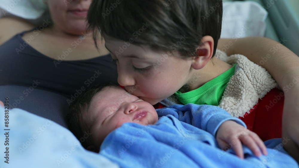 Older sibling gently kisses sleeping newborn baby while cuddling together with their mother, capturing a tender and loving family moment that highlights the bonds of familial love and care Older sibling gently kisses sleeping newborn baby while cuddling together with their mother, capturing a tender and loving family moment that highlights the bonds of familial love and care