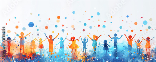 Happy children standing with raising hands in the air. Concept of happy and friendship.