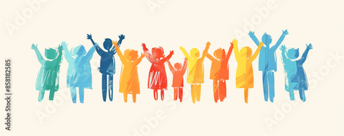 Happy children standing with raising hands in the air. Concept of happy and friendship.