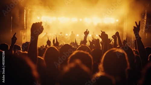 concert crowd celebrating in front of bright yellow stage lights 