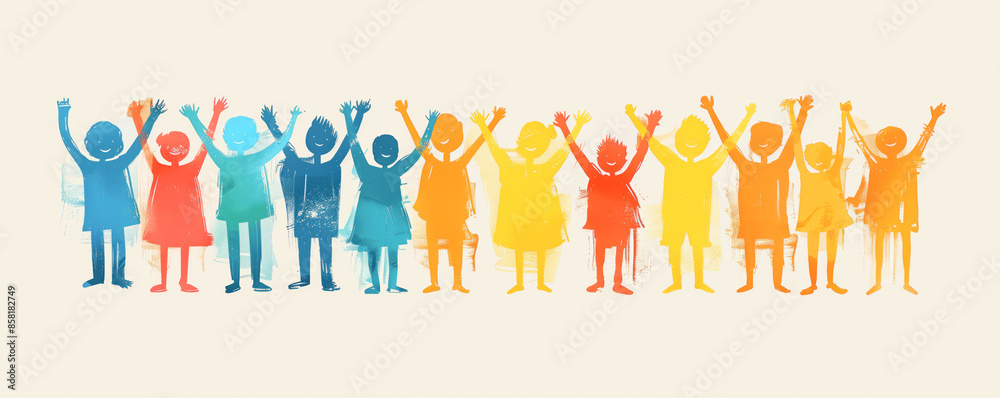 Happy children standing with raising hands in the air. Concept of happy and friendship. Happy children standing with raising hands in the air. Concept of happy and friendship.