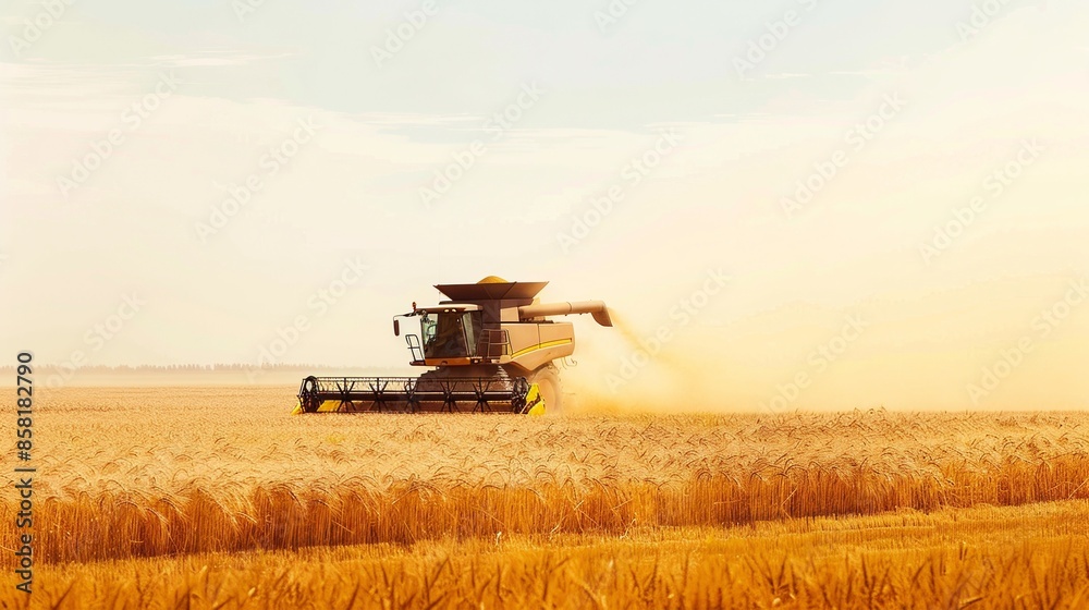 Obraz premium Combine harvester machine working in wheat field farm land.