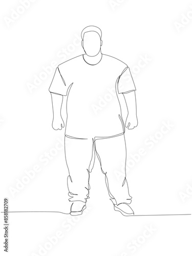 obese man in a tracksuit one line art. Continuous line drawing of body positive, overweight, plus size model, XL, health, fashion, self acceptance.