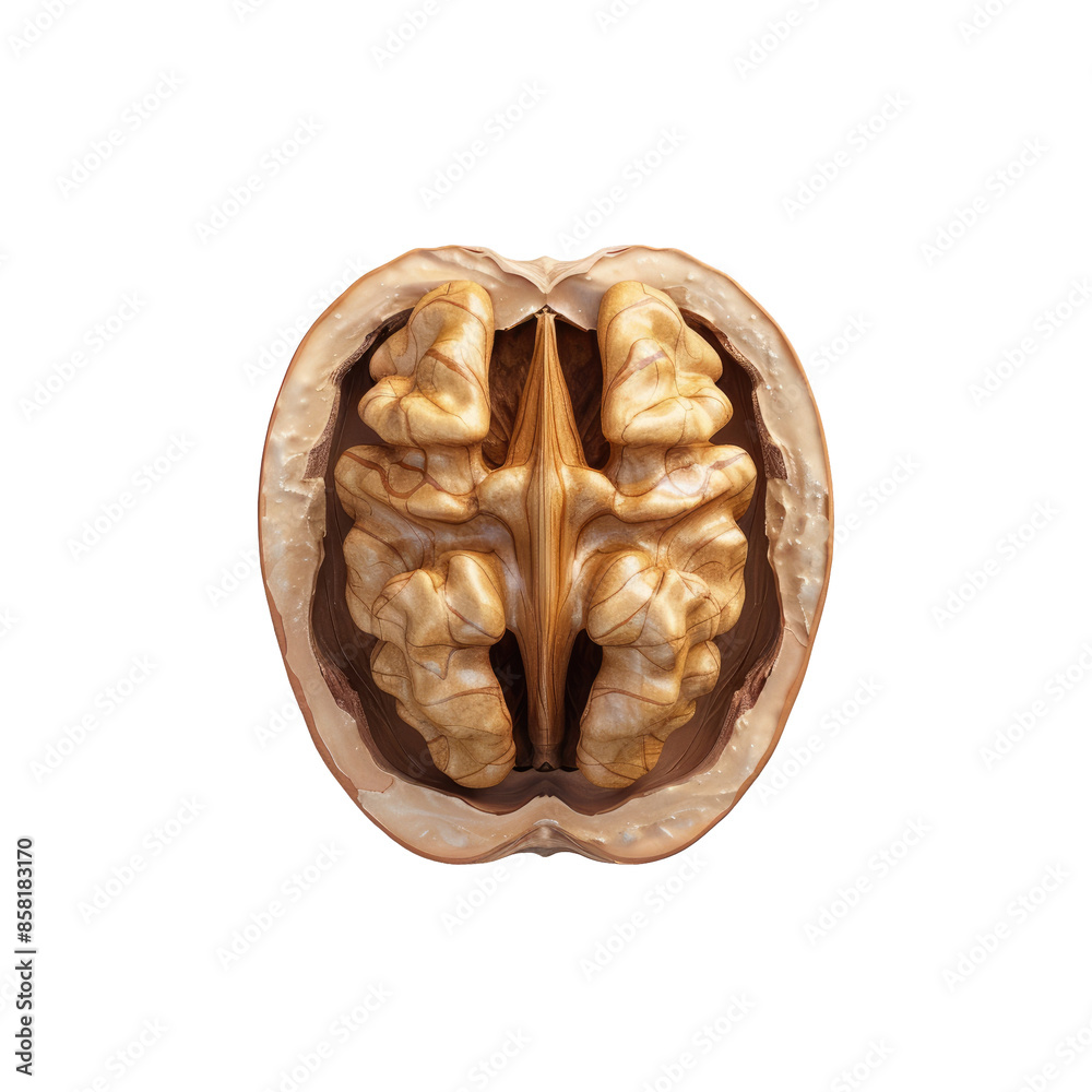 Isolated half of a walnut. Peeled walnut on a transparent background. Top view of a walnut nut. Arranged with a clipping path. Complete depth of field. Isolated half of a walnut. Peeled walnut on a transparent background. Top view of a walnut nut. Arranged with a clipping path. Complete depth of field.