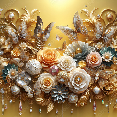 3D personalised wallpaper with an abstract yellow background including jewellery, flowers, and butterflies is a lovely interior design. © MSTRUMA