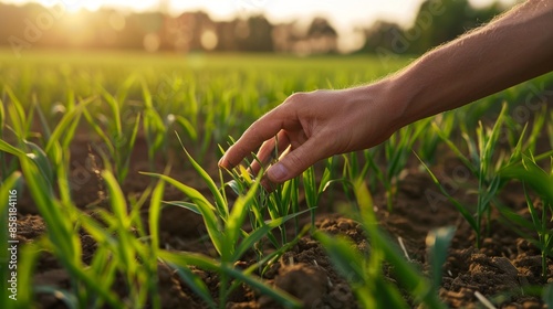 Farmer's hands working in field planting baby sprout of crops