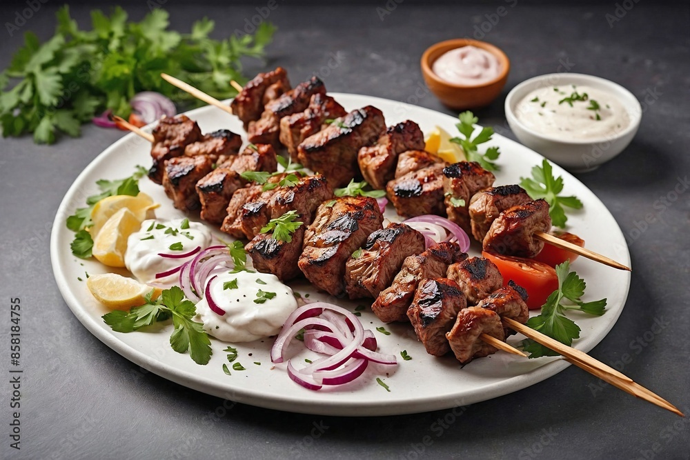 Middle Eastern Cuisine Kebab: an overhead view of a minimalist Kebab presentation. Middle Eastern Cuisine Kebab: an overhead view of a minimalist Kebab presentation.