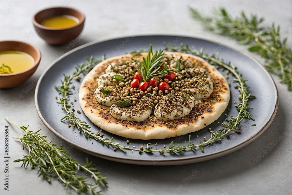 Middle Eastern Cuisine Manakish: an overhead view of a minimalist Manakish presentation. Middle Eastern Cuisine Manakish: an overhead view of a minimalist Manakish presentation.