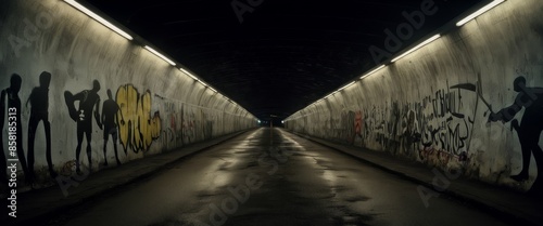 Graffiti-covered walls of Lohrheidestadion tunnel ghostly figure photo