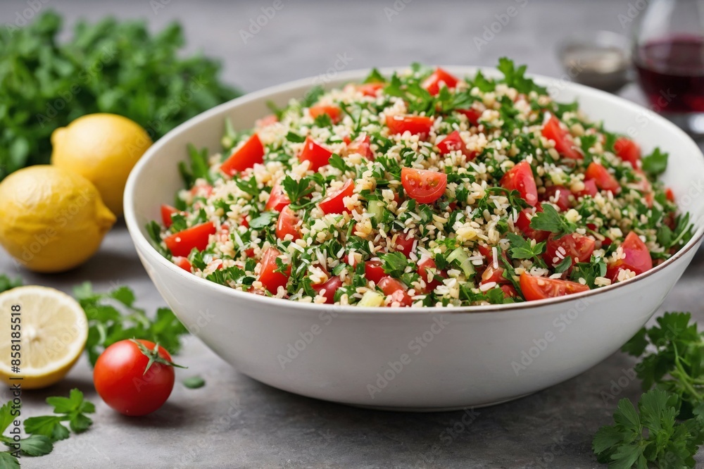 Middle Eastern Cuisine Tabbouleh: an overhead view of a minimalist Tabbouleh presentation. Middle Eastern Cuisine Tabbouleh: an overhead view of a minimalist Tabbouleh presentation.