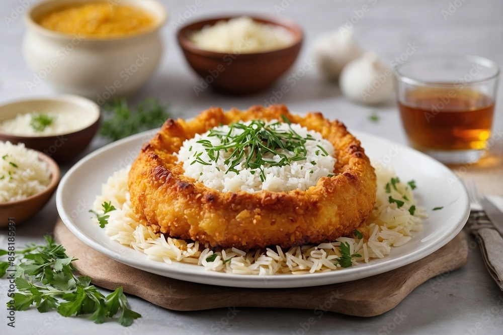Middle Eastern Cuisine Tahdig: An overhead shot of a minimalist Tahdig presentation. Middle Eastern Cuisine Tahdig: An overhead shot of a minimalist Tahdig presentation.