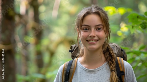 A portrait female hiking wearing in a forest background