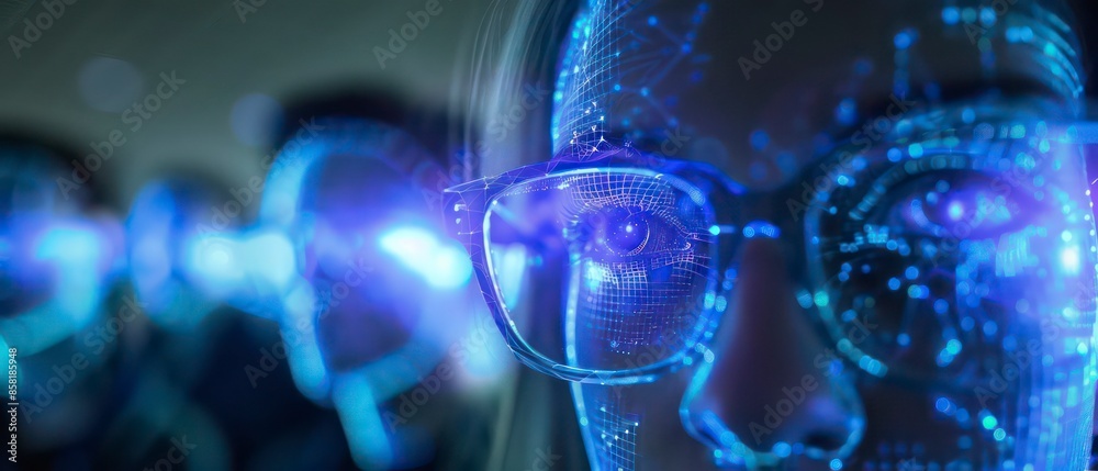 A digital display with reflections on glasses highlights technological and business aspects, including data, code, and network communications. A digital display with reflections on glasses highlights technological and business aspects, including data, code, and network communications.