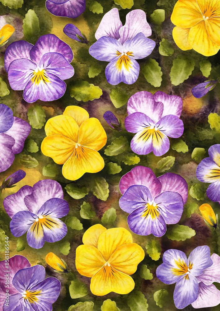 Print art composed of hand-drawn watercolors of lilac, purple and yellow flowers and pansy buds on a defocused background of leaves and flowers
Print art composed of hand-drawn watercolors of lilac, purple and yellow flowers and pansy buds on a defocused background of leaves and flowers