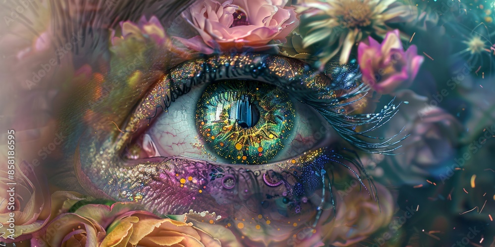 close up view of eye only an overgrown vast and infinite flowerpunk bloomcore rococopunk forest close up view of eye only an overgrown vast and infinite flowerpunk bloomcore rococopunk forest