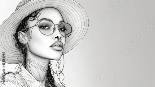 An elegant, black and white line drawing of a fashion model wearing a stylish outfit, perfect for fashion magazines, blogs, and advertisements. Illustration, Minimalism, photo